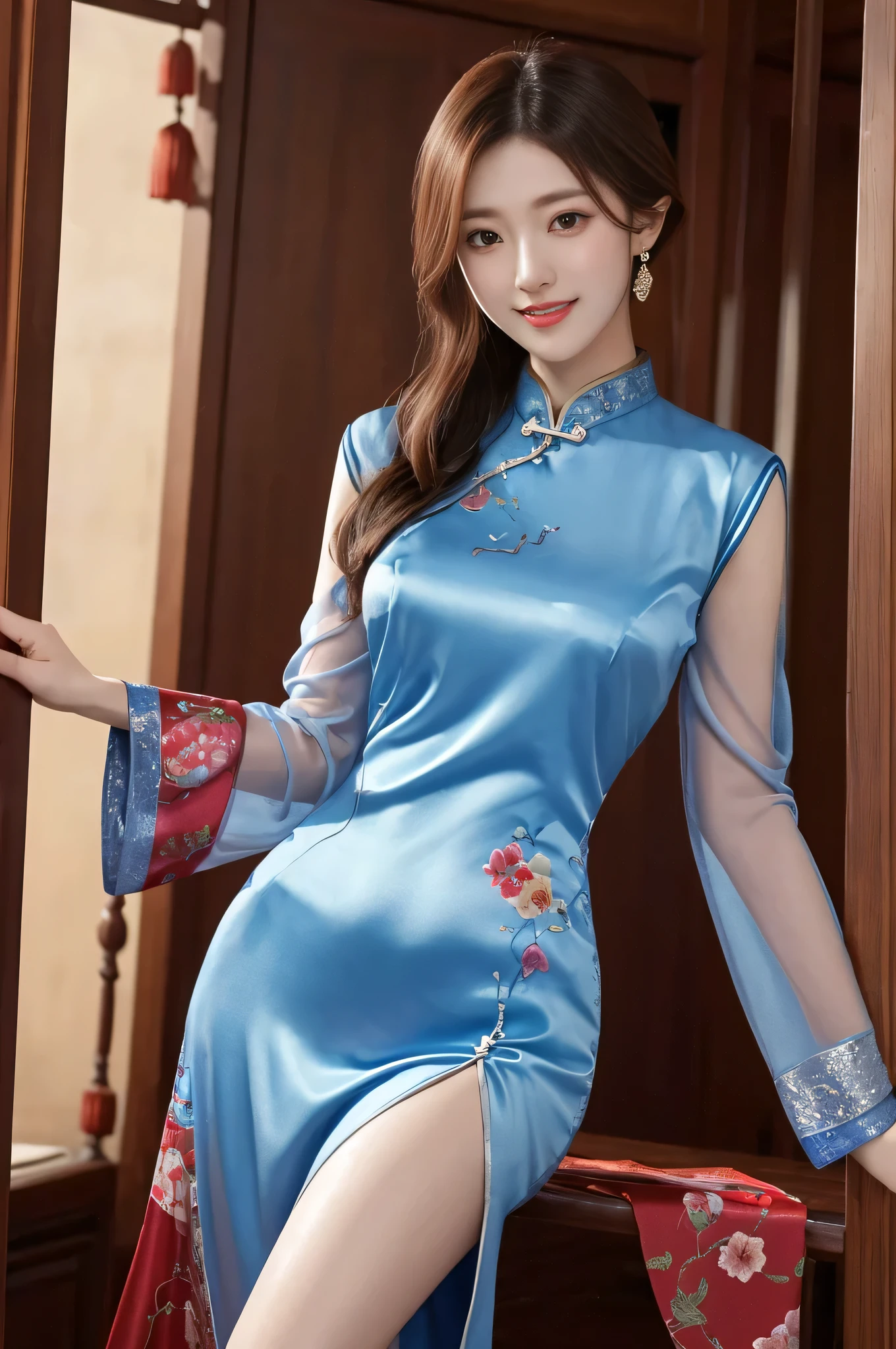 ch30ngs4m_1, best quality, masterpiece, illustration, Practical, photo-Practical, Astonishing, Fine details, Ridiculous, Huge file size, Extremely detailed, high resolution, Extremely detailed CG unity 8k wallpaper, Not suitable for working hours, Sexy, Charming smile,  A young Korean woman, Wearing modified cheongsam, Elegantly situated in a room decorated for the Lunar New Year. This cheongsam is made of blue silk，It is embroidered with silver and lilac flowers. The sleeves are transparent, Skirt front slit，The woman&#39;s hair is tied in a traditional Korean bun, Exquisite facial features，Delicate and real skin，The room is filled with red lanterns and other festive decorations. Soft lighting brings a warm glow to the scene.