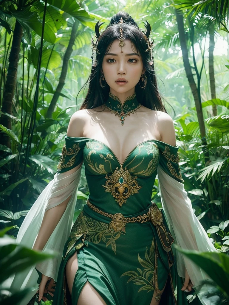 In this captivating cinematic scene, set in a dark yet expansive forest, a beautiful Indonesian female warrior, adorned in intricate FINAL FANTASY-like armor, is seen meditating with a serene and poised expression. The warrior's connection to the natural world is emphasized by the majestic tiger that walks calmly behind her. The towering trees, with their large frond-like leaves rustling gently, create an atmosphere of mystique and detail. The ornate detail of each element contributes to a stunning and immersive visual experience that transports the viewer into this enchanting world., cinematic