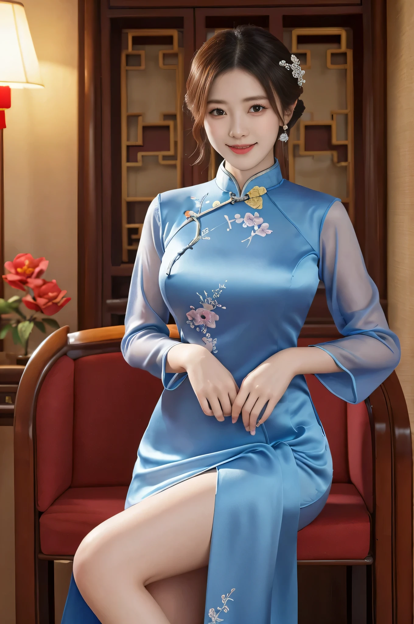 ch30ngs4m_1, best quality, masterpiece, illustration, Practical, photo-Practical, Astonishing, Fine details, Ridiculous, Huge file size, Extremely detailed, high resolution, Extremely detailed CG unity 8k wallpaper, Not suitable for working hours, Sexy, Charming smile,  A young Korean woman, Wearing modified cheongsam, Elegantly situated in a room decorated for the Lunar New Year. This cheongsam is made of blue silk，It is embroidered with silver and lilac flowers. The sleeves are transparent, Skirt front slit，The woman&#39;s hair is tied in a traditional Korean bun, Exquisite facial features，Delicate and real skin，The room is filled with red lanterns and other festive decorations. Soft lighting brings a warm glow to the scene.