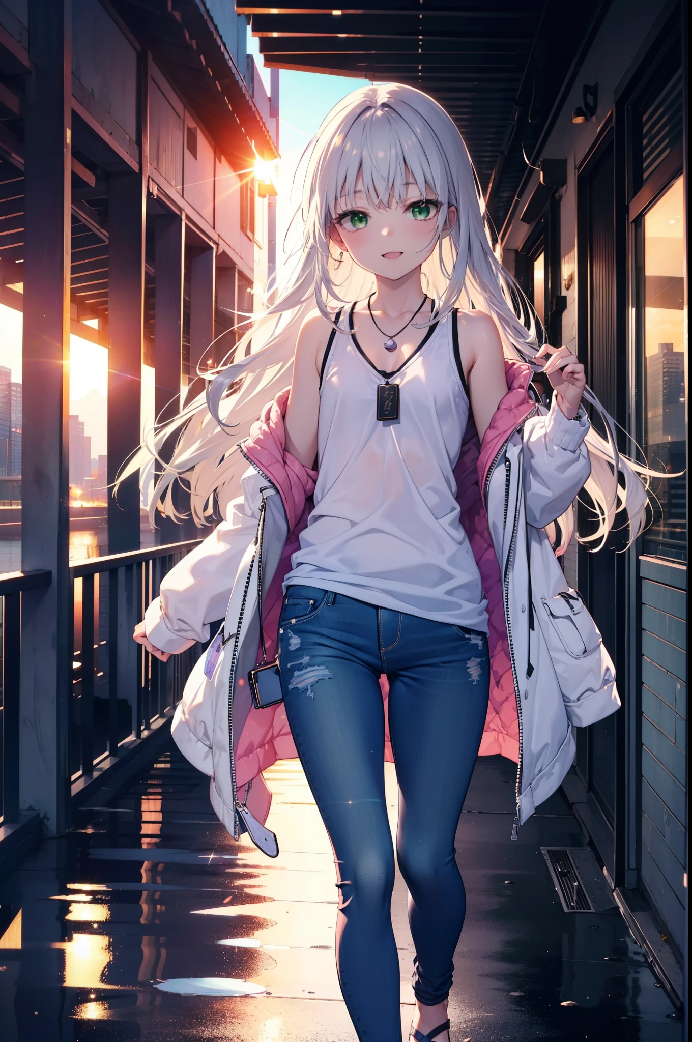 index, index, (Green Eyes:1.5), Silver Hair, Long Hair, (Flat Chest:1.2)happy smile, smile, Open your mouth,v neck tank top shirt,Skinny jeans,Cute Sandals,Rocket Pendant,Walking,Sunset,evening,The sun is setting,whole bodyがイラストに入るように,
break looking at viewer, whole body,
break outdoors, Building district,
break (masterpiece:1.2), Highest quality, High resolution, unity 8k wallpaper, (figure:0.8), (Beautiful attention to detail:1.6), Highly detailed face, Perfect lighting, Highly detailed CG, (Perfect hands, Perfect Anatomy),