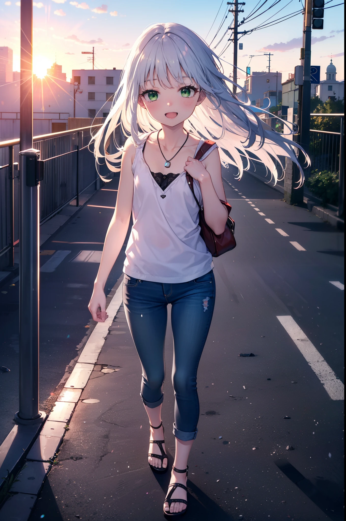 index, index, (Green Eyes:1.5), Silver Hair, Long Hair, (Flat Chest:1.2)happy smile, smile, Open your mouth,v neck tank top shirt,Skinny jeans,Cute Sandals,Rocket Pendant,Walking,Sunset,evening,The sun is setting,whole bodyがイラストに入るように,
break looking at viewer, whole body,
break outdoors, Building district,
break (masterpiece:1.2), Highest quality, High resolution, unity 8k wallpaper, (figure:0.8), (Beautiful attention to detail:1.6), Highly detailed face, Perfect lighting, Highly detailed CG, (Perfect hands, Perfect Anatomy),