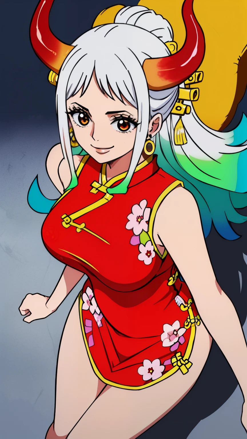 (masterpiece, best quality, high , 8k:1.2),anime, detailed, Yamato, White hair, Earrings, 1 girl, Smiling,Colorful hair, Dynamic angle, Solo, Horns, Green hair, Long hair, Jewelry, Large breasts, (Floral Chinese dress, red Chinese dress, sleeveless dress:1.3)