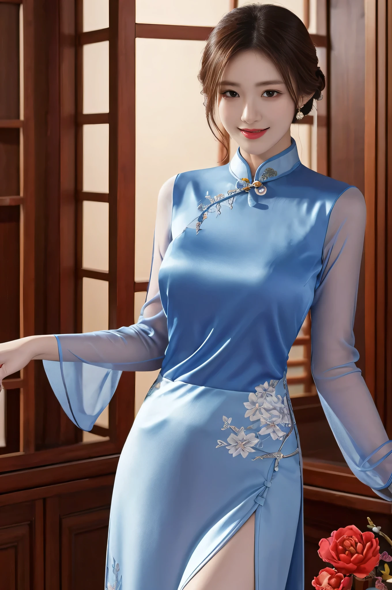 ch30ngs4m_1, best quality, masterpiece, illustration, Practical, photo-Practical, Astonishing, Fine details, Ridiculous, Huge file size, Extremely detailed, high resolution, Extremely detailed CG unity 8k wallpaper, Not suitable for working hours, Sexy, Charming smile,  A young Korean woman, Wearing modified cheongsam, Elegantly situated in a room decorated for the Lunar New Year. This cheongsam is made of blue silk，It is embroidered with silver and lilac flowers. The sleeves are transparent, Skirt front slit，The woman&#39;s hair is tied in a traditional Korean bun, Exquisite facial features，Delicate and real skin，The room is filled with red lanterns and other festive decorations. Soft lighting brings a warm glow to the scene.