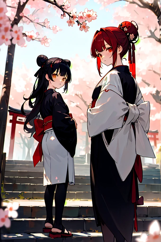((masterpiece,best quality)),2girls, black kimono, black legwear, black ribbon, black hair, cherry blossoms, day, flower, hair bun, hair ribbon, japanese clothes, kimono, long hair, looking at viewer, looking back, multiple girls, obi, outdoors, red eyes, red hair, ribbon, sandals, single hair bun, stairs, standing, statue, torii, tree, white kimono, yellow eyes