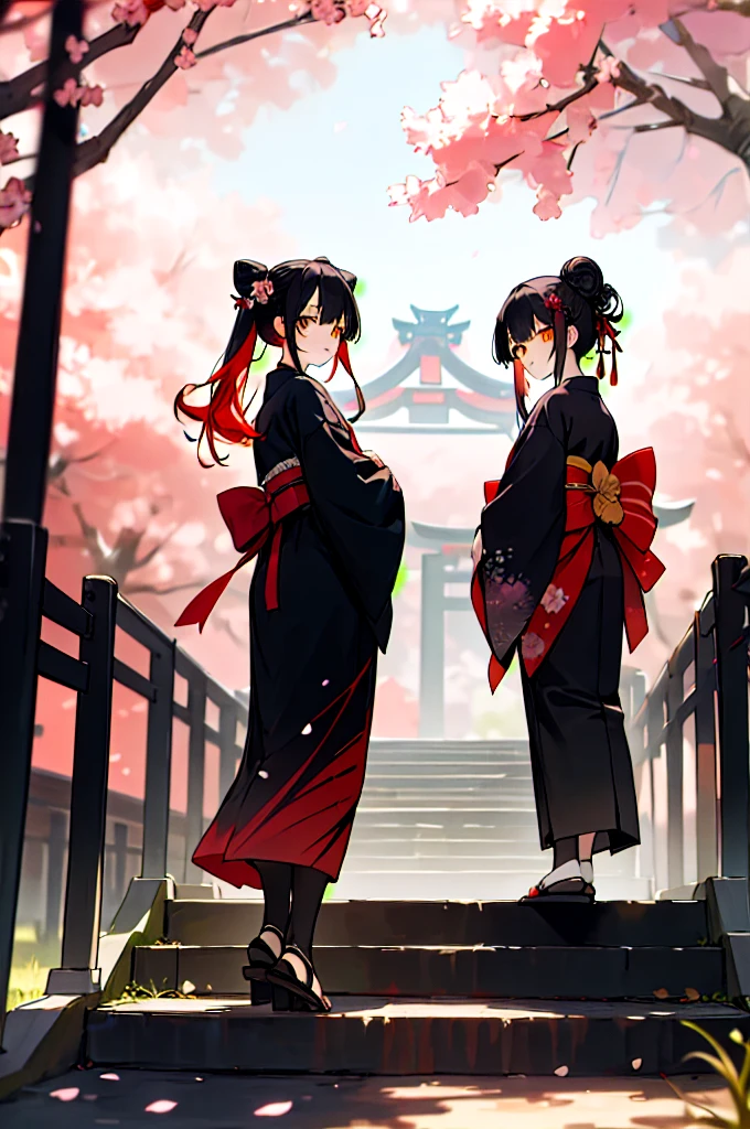 ((masterpiece,best quality)),2girls, black kimono, black legwear, black ribbon, black hair, cherry blossoms, day, flower, hair bun, hair ribbon, japanese clothes, kimono, long hair, looking at viewer, looking back, multiple girls, obi, outdoors, red eyes, red hair, ribbon, sandals, single hair bun, stairs, standing, statue, torii, tree, white kimono, yellow eyes