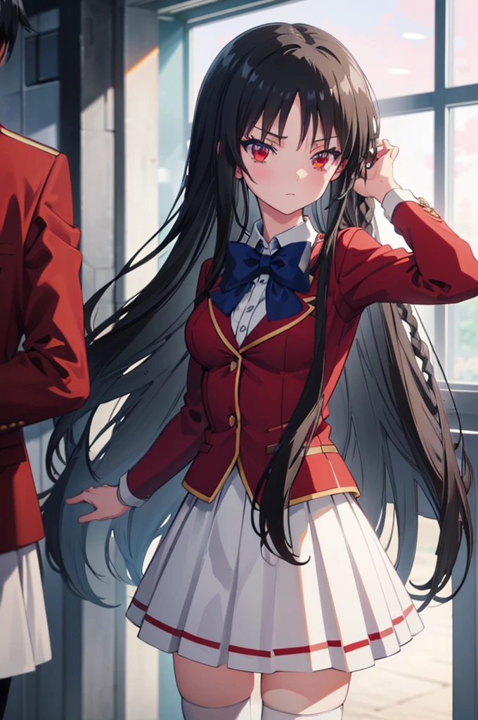 masterpiece, best quality, high resolution, best illustration, super fine illustration, (official art:0.7), (anime screencap:0.9), detailed beautiful face and eyes, anime keyvisual, (perfect anatomy:1.1), 8k portrait, 
1girl,
Suzune Horikita, 
long hair, braid, 
black hair, 
(red eyes:1.2), slant eyes, small eyes, 
blue bow, 
medium breasts, 
(school uniform, red jacket, white skirt, pleated skirt, black thighhighs),
looking at viewer, 
cowboy shot, 
natural light, background of indoor, School building, seductive pose, 