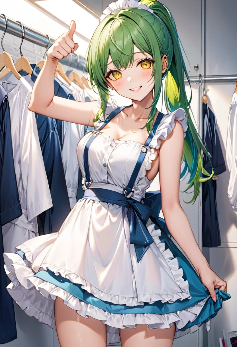 (japanese festival style) (15 yo, ponytail green hair long hair cute fighter girl, ecstasy yellow eyes, love smile, medium tits), (in a summer maid clothes), (standing, Thumbs up hand), break, (in the festival Changing Room), BREAK, perfect anatomy, masterpiece, best quality, 16k, beautiful detailed grow, daydreaming expression.