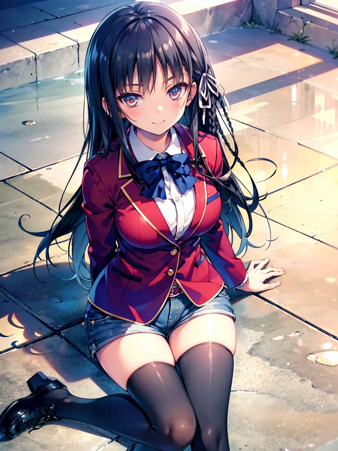 (8K, Highest quality, Highest quality, masterpiece), sit on the floor, aasuzune, long hair, black hair, (single braid:1.2), hair ribbon, red jacket, blazer, blue bowtie, long sleeves, black thighhighs, smile, denim hot shorts, mini shorts, big breasts