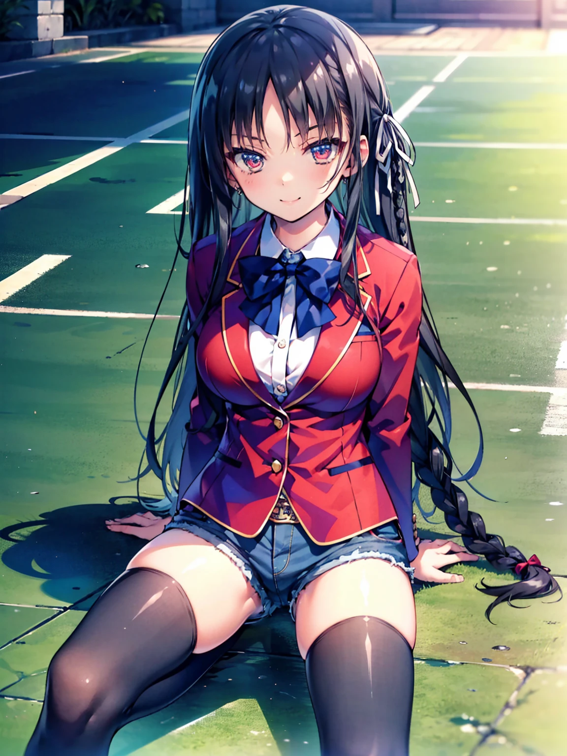 (8K, Highest quality, Highest quality, masterpiece), sit on the floor, aasuzune, long hair, black hair, (single braid:1.2), hair ribbon, red jacket, blazer, blue bowtie, long sleeves, black thighhighs, smile, denim hot shorts, mini shorts, big breasts