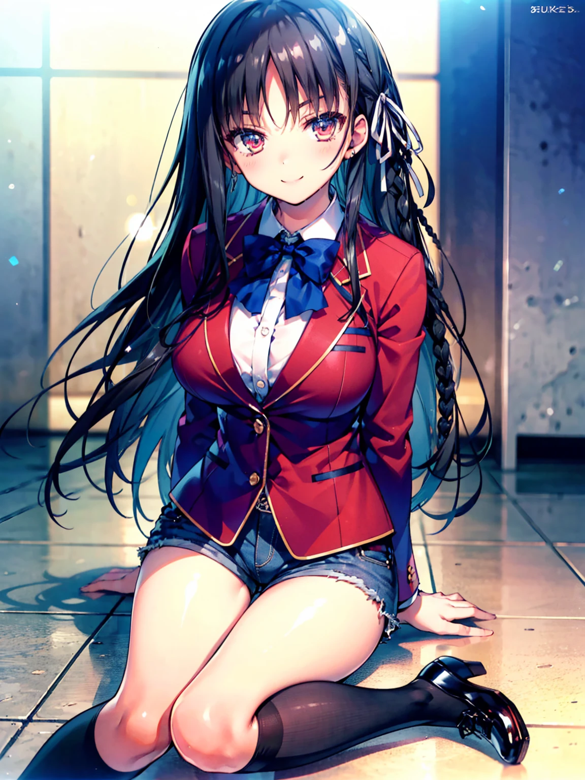 (8K, Highest quality, Highest quality, masterpiece), sit on the floor, aasuzune, long hair, black hair, (single braid:1.2), hair ribbon, red jacket, blazer, blue bowtie, long sleeves, black thighhighs, smile, denim hot shorts, mini shorts, big breasts