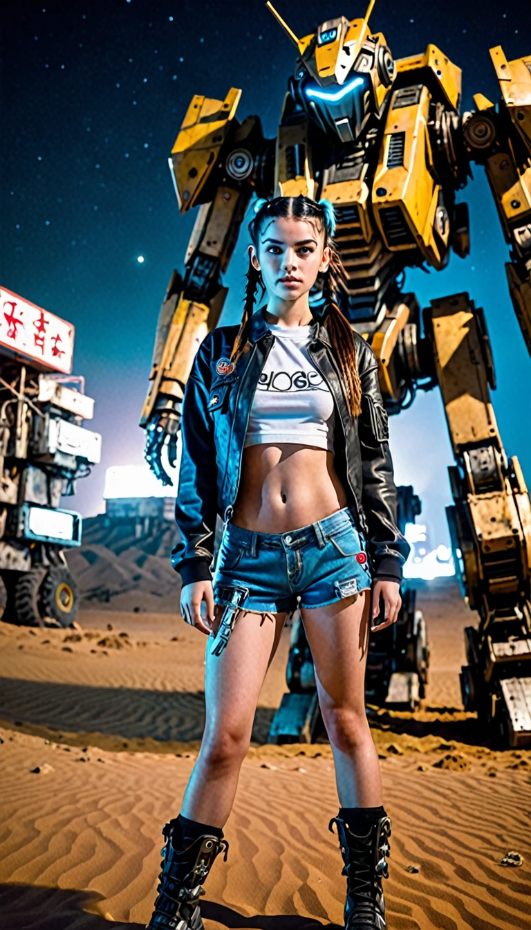 Uma garota loira com cabelo de pigtails , 18 years old she's inside a giant robot, shorts e jaqueta jeans rasgado, (dentro de um robo) armado e atirando, Post-apocalyptic background in the night desert, Bottom-up angular front camera, She has cyberpunk-style cybernetic prosthetics, Looking at camera from the front