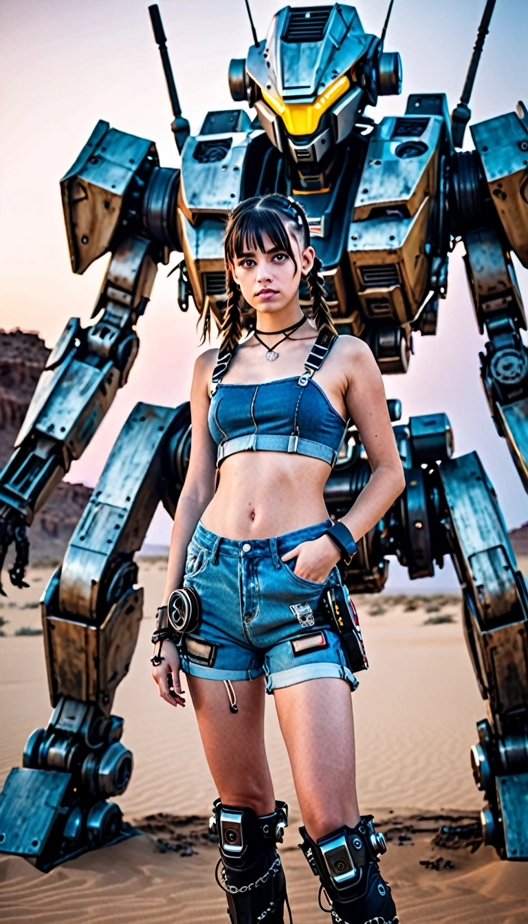 Uma garota loira com cabelo de pigtails , 18 years old she's inside a giant robot, shorts e jaqueta jeans rasgado, (dentro de um robo) armado e atirando, Post-apocalyptic background in the night desert, Bottom-up angular front camera, She has cyberpunk-style cybernetic prosthetics, Looking at camera from the front