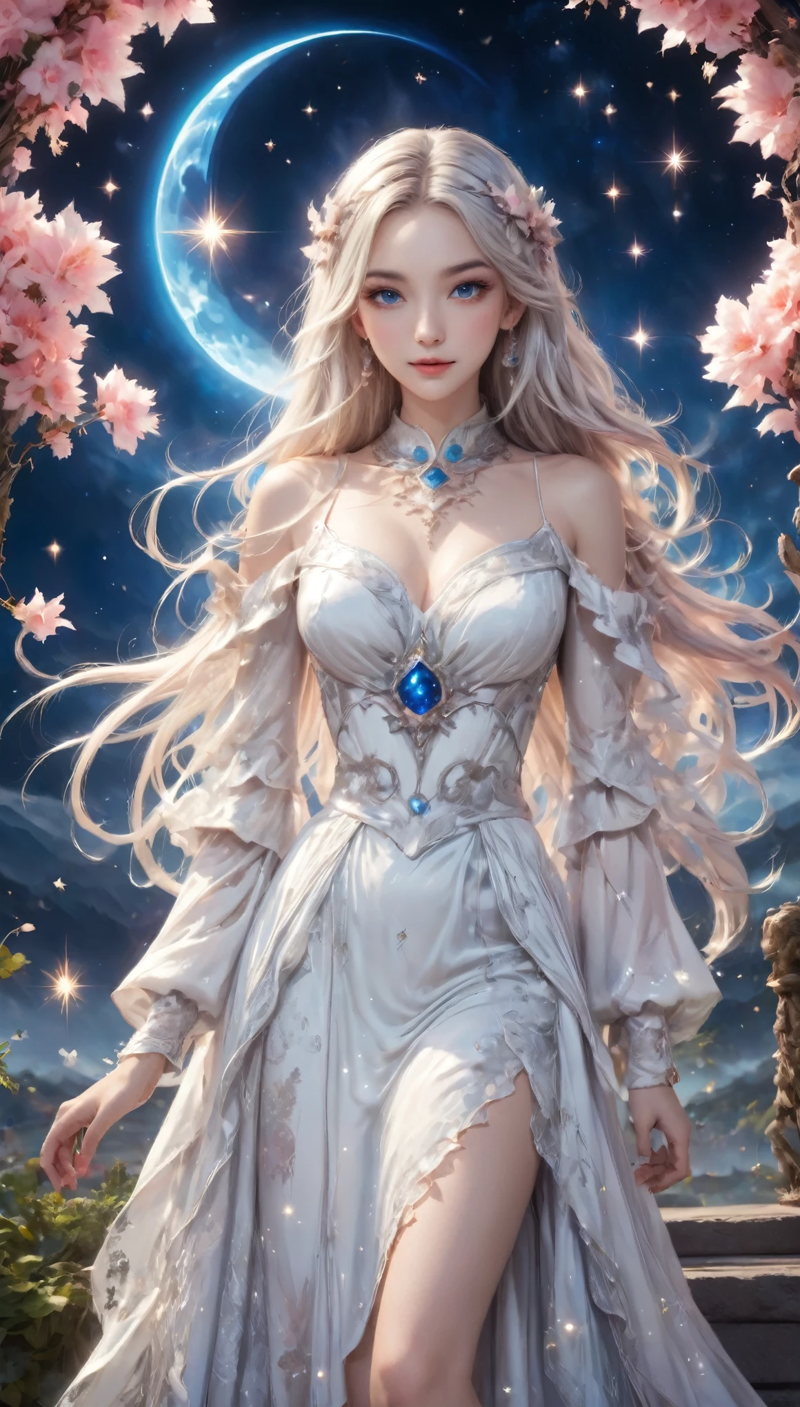 8K resolution, masterpiece, Highest quality, Award-winning works, unrealistic, From above, erotic, sole sexy lady, healthy shaped body, Anatomically accurate skeleton, 22 years old, white mage, 170cm tall, huge firm bouncing busts,, white silver long wavy hair, Detailed facial depictions, Break, Mysterious blue eyes, Standard nose, Eyeliner, pink lips, sexy long legs, Clear skin, white mage, A gorgeous long walking stick in seven colors, Delicate depiction of clothing, Gothic , Gothic ruffle long dress, A dress with a complex structure, lace fabric dresses, Seven-colored colorful dress, Clothed in flames, royal coat of arms, elegant, Very detailed, Delicate depiction of hair, miniature painting, Digital Painting, artステーション, コンセプトart, Smooth, Sharp focus, shape, artジャム、Greg Rutkowski、Alphonse Mucha、William Adolphe Bouguereau、art：Stephanie Law , Royal Jewel, nature, Symmetric, Greg Rutkowski, Charlie Bowwater, Unreal, Surreal, Dynamic Lighting, ファンタジーart, Complex colors, Colorful magic circle, flash, dynamic sexy poses, A kind smile, Mysterious Background, Aura, A gentle gaze, BREAK, Small faint lights and flying fireflies, night, lanthanum, 山の頂From above下界を見下ろす, Starry Sky, milky way, nebula, shooting star, Flowers, birds, wind and moon, (Back view, Looking back towards the camera:1.3), healing magic, A pillar of light stretching to the sky, Laser beam, Climb the stairs to heaven