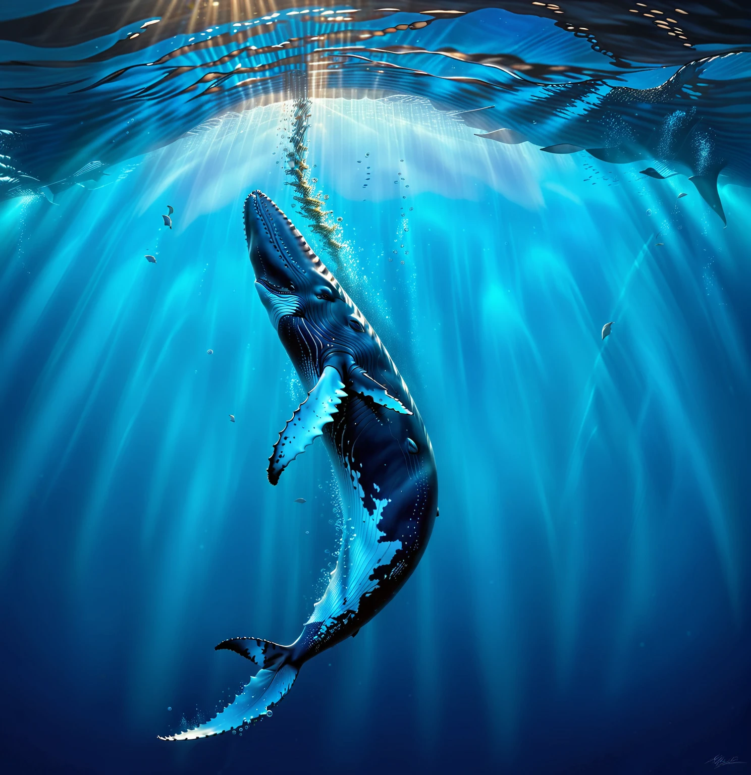 It depicts an underwater scene of a large whale surrounded by a school of small fish.。The whale is positioned vertically into the water.、The tail is at the bottom of the image、Head facing up towards the water surface。The surrounding water is colored in various tones of blue.、It gives a sense of depth and serenity.。I see a ray of light from above、Water surface is nearby、a whale is jumping out of the water with its mouth open, humpback whale, blue whale, whale, Realistic illustrations, ultra Realistic illustrations, the blue whale crystal texture, Detailed illustrations, Highly detailed illustration, Highly detailed high resolution, High quality illustrations, Ultra-realistic, High quality illustrations, Highly detailed and realistic, whales, Realistic and highly detailed, Shutterstock