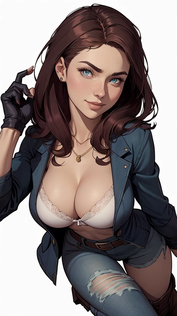 (cartoon style:1.2), Drawings of (Ginevra Molly Weasley), he used to smile, perfect green eyes, face detailed, White background, fun pose, seducing gaze,Full body wearing the Sanserina uniform, beautiful medium breasts and wonderful body cartoon style digital illustration. Wearing pantiesJennifer Connelly , , white bra, green vest, sleeveless, へそ, blue jeans, Brown boots, gloves fingerless, short gloves, slightly-smile, shorth hair, wavy hair, parted bangs, blue colored eyes, wart under the right eye, old american west, sunny desert background, waist belt, best quality, Artwork Jennifer Connellyum close-up of a woman with a necklace around her neck, attractive female face!!!, very beautiful face, very attractive and beautiful, Natalie Dormer, Sydney Sweeney, come corinne, amber ear, holywood actress, Dakota Fanning, with very thin lips, taken at the beginning of 2020, face perfect ), most beautiful woman in the worlda woman in a blue jacket and jeans posing for a photo, extremely detailed artegerm, range murata and artegerm, style artegerm, krenz cushart and artegerm, seductive anime girl, trending artegerm, model iG | artegerm, by Yoshihiko Wada, in the style artegerm, artegerm style