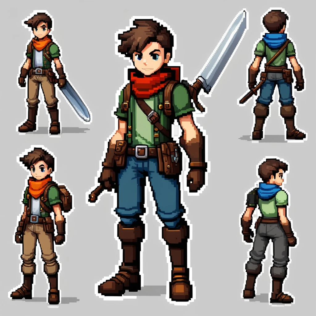 Pixel art,pixel art,Create an original character design sheet,main character of the game,boy,juvenile,adventurer&#39;s outfit,natural perm,musical instrument,bard,((3 views,whole body, background,multiple views,High resolution)),multiple views,multiple poses,Active,action pose,dynamic,nice,cute,masterpiece,highest quality,In detail,Gracefully,RPG,Famicom,Multiple characters,multiple outfits,Final Fantasy,boldly,ASSASIN , BLACK COAT , HUNTER, BLACK HOODIE, ARMOR