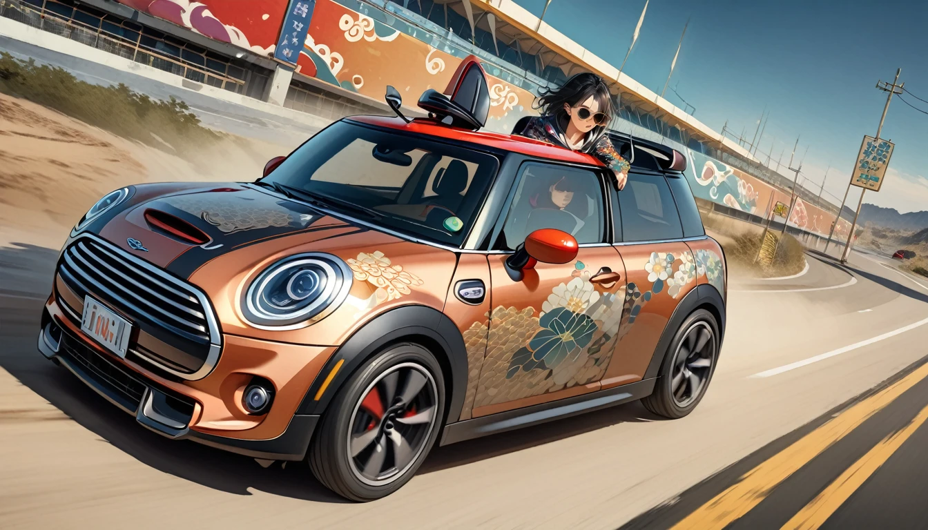 ((8k of extremely detailed CG unit, Masterpiece, high resolution, highest quality, highest quality real texture skin)), (wearing Japanese pattern headphones), ((1 girl)), (((Driving a Mini Cooper))), (((sunglasses))), (Japanese pattern hoodie, Japanese-style shorts), (Black hair, messy hair, beige skin), (surreal, digital painting)