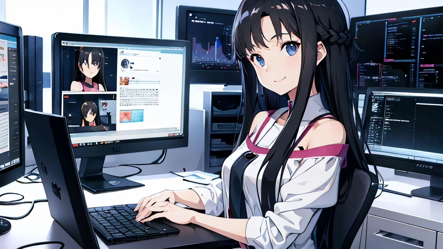 Shoulder-length hair　Black Hair　Office Lady　Using a computer　Office Woman　Anime Style　smile