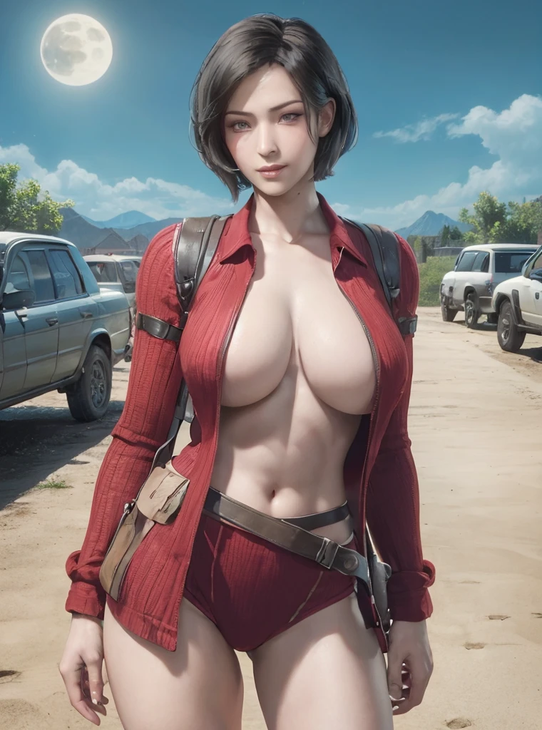 1 girl， solo， Ada Wong in Resident Evil 4 Remake， short detailed hair， brunette color hair， ，Huge ass，Big thick legs，full，Red cheongsam， Short-sleeved shirt， Black， nedium breasts， upper limbs， hindquarters， Black heels， Adriana's face， Find your audience， sly smile， A pistol was hung on her waist， best qualtiy， hight resolution：1.2， 18th century village in the background， Shadowing， Nightmare， rays of moonlight， Upper body photography， Low camera angle、depth of fields、center focused