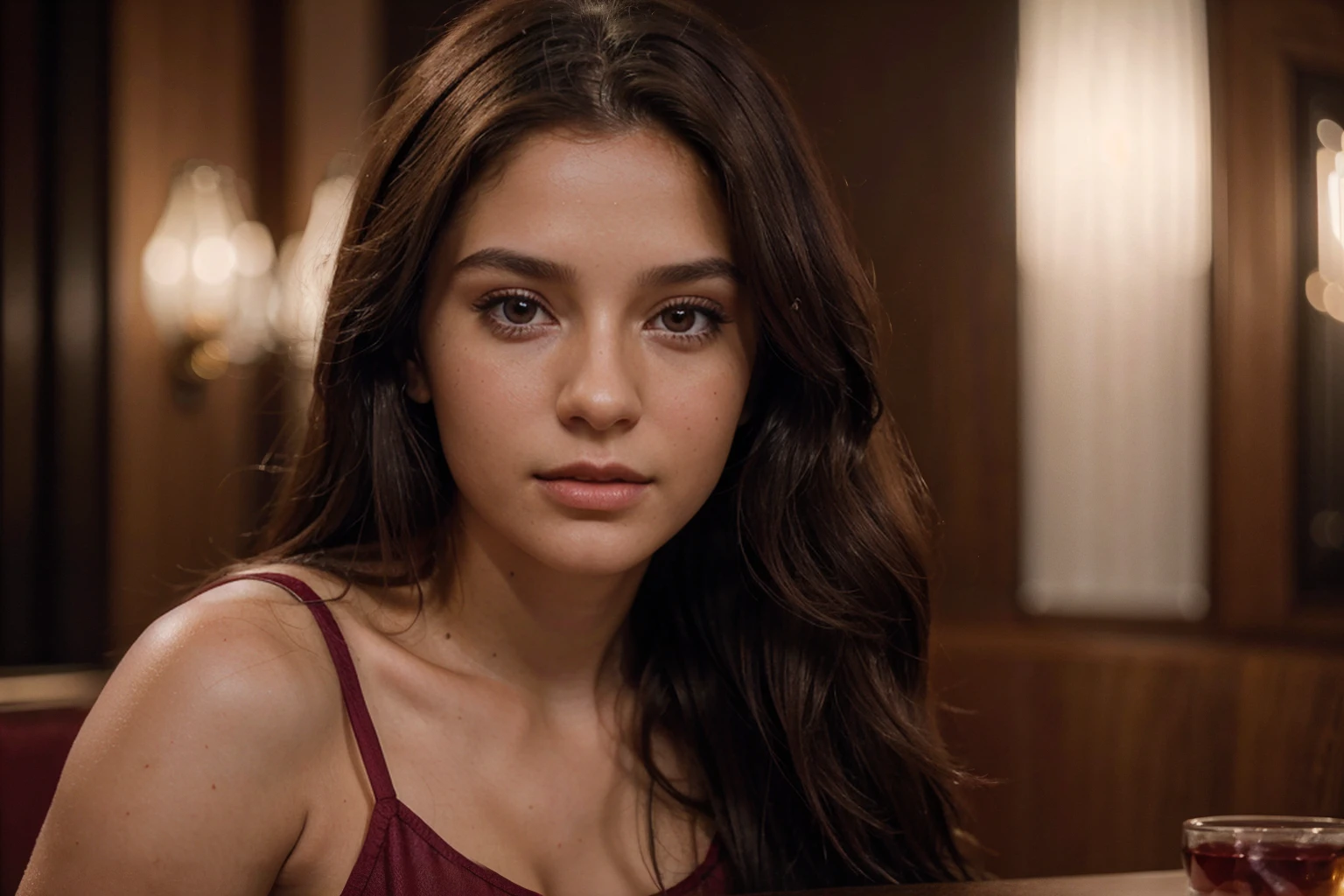 Beautiful 24 year old girl, long brown hair, innocent look, seductive look, no makeup, natural beauty, hyperealistic skin texture, 8K from a red cinematography camera, , "(8k, RAW photo, highest quality, masterpiece: 1.2), 24 years old ultra-fine depiction, clearly visible, girl with dark hair film Kodak iso 400, hyperrealism, detailed skin texture. she at a expensive Restaurant in Miami Beach she is wearing a burgundy dress. its during the night in Miami florida, cinematic shot, shot in iPhone 15.