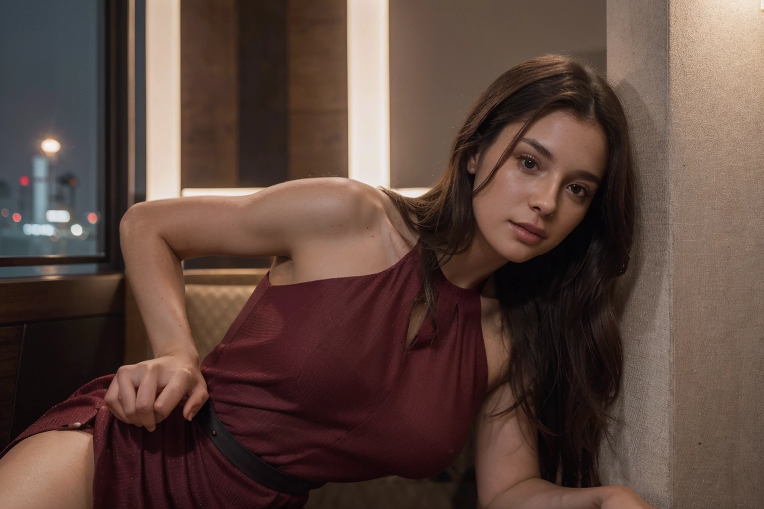 Beautiful 24 year old girl, long brown hair, innocent look, seductive look, no makeup, natural beauty, hyperealistic skin texture, 8K from a red cinematography camera, , "(8k, RAW photo, highest quality, masterpiece: 1.2), 24 years old ultra-fine depiction, clearly visible, girl with dark hair film Kodak iso 400, hyperrealism, detailed skin texture. she at a expensive Restaurant in Miami Beach she is wearing a burgundy dress. its during the night in Miami florida, cinematic shot, shot in iPhone 15.