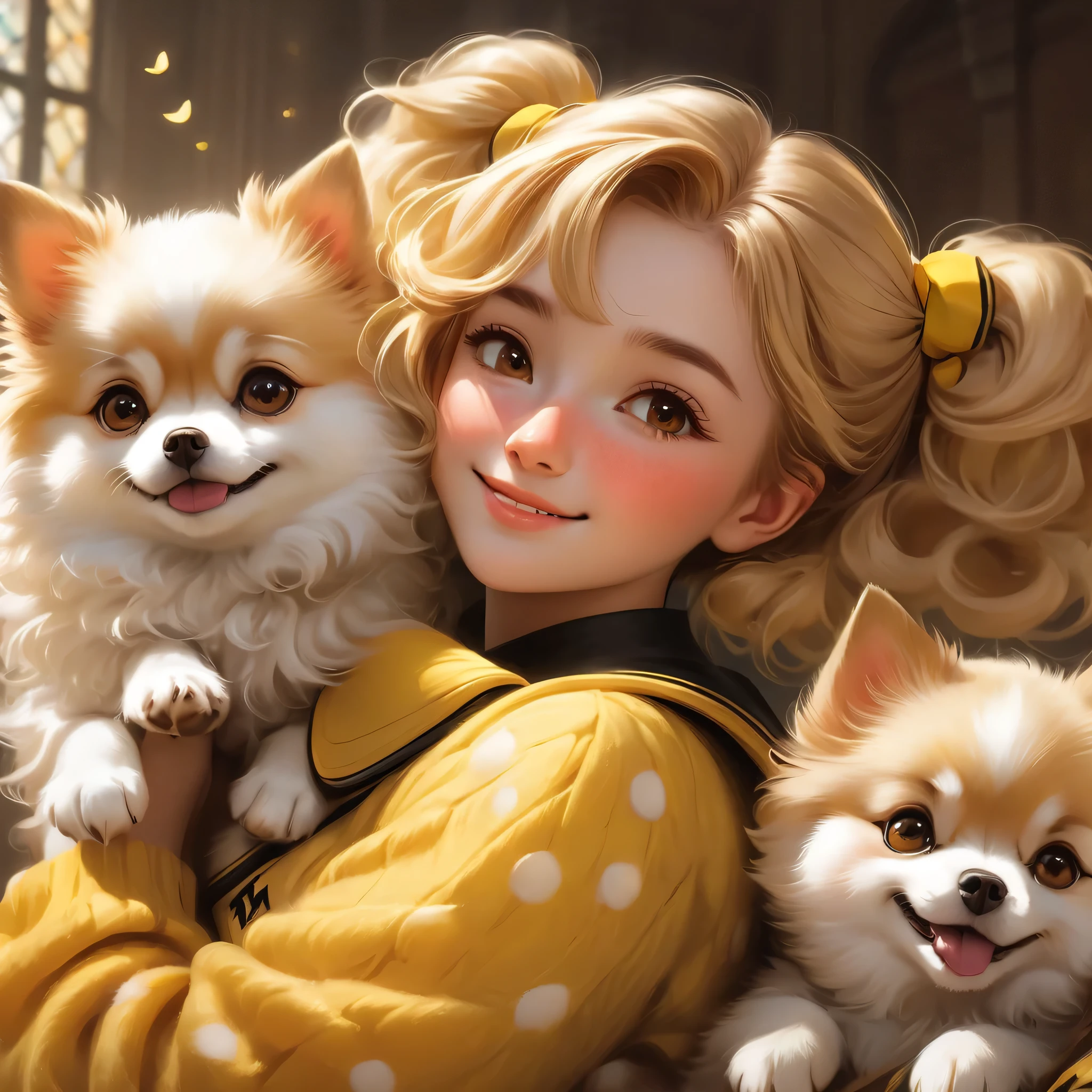 best quality, Masterpiece, Hogwarts students, Hufflepuff, Short hair with high twin tails, Short hair with golden blonde twin tails.,Beautiful  sleeps,Along with her adorable Pomeranian puppy., cute and bright,smile,misbehave, Freckles on the face, brown eyes details, detailed face, Beautiful skin, soft light, soft shadow, Fine texture, dynamic light,