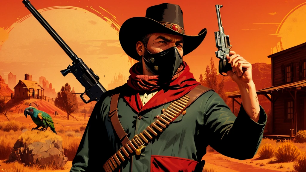 R3DD34Dstyle, digital portrait, A PArROT HoLDiNG a RIfLe, in wild west, red background,everything is sHATTERRInG IN BACkGROUNd