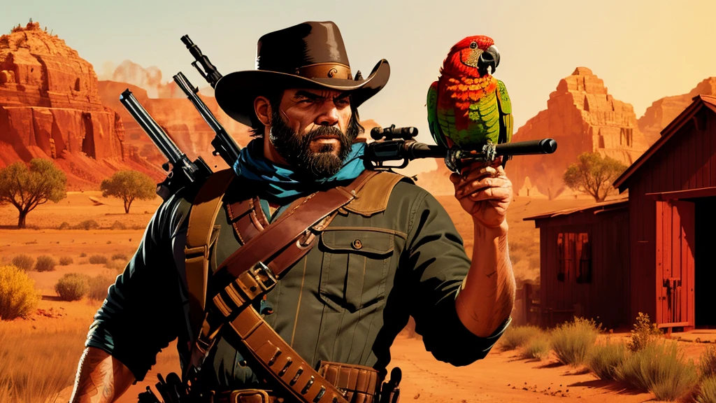 R3DD34Dstyle, digital portrait, A PArROT HoLDiNG a RIfLe, in wild west, red background,everything is sHATTERRInG IN BACkGROUNd