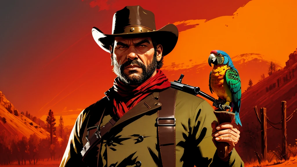 R3DD34Dstyle, digital portrait, A PArROT HoLDiNG a RIfLe, in wild west, red background,everything is sHATTERRInG IN BACkGROUNd