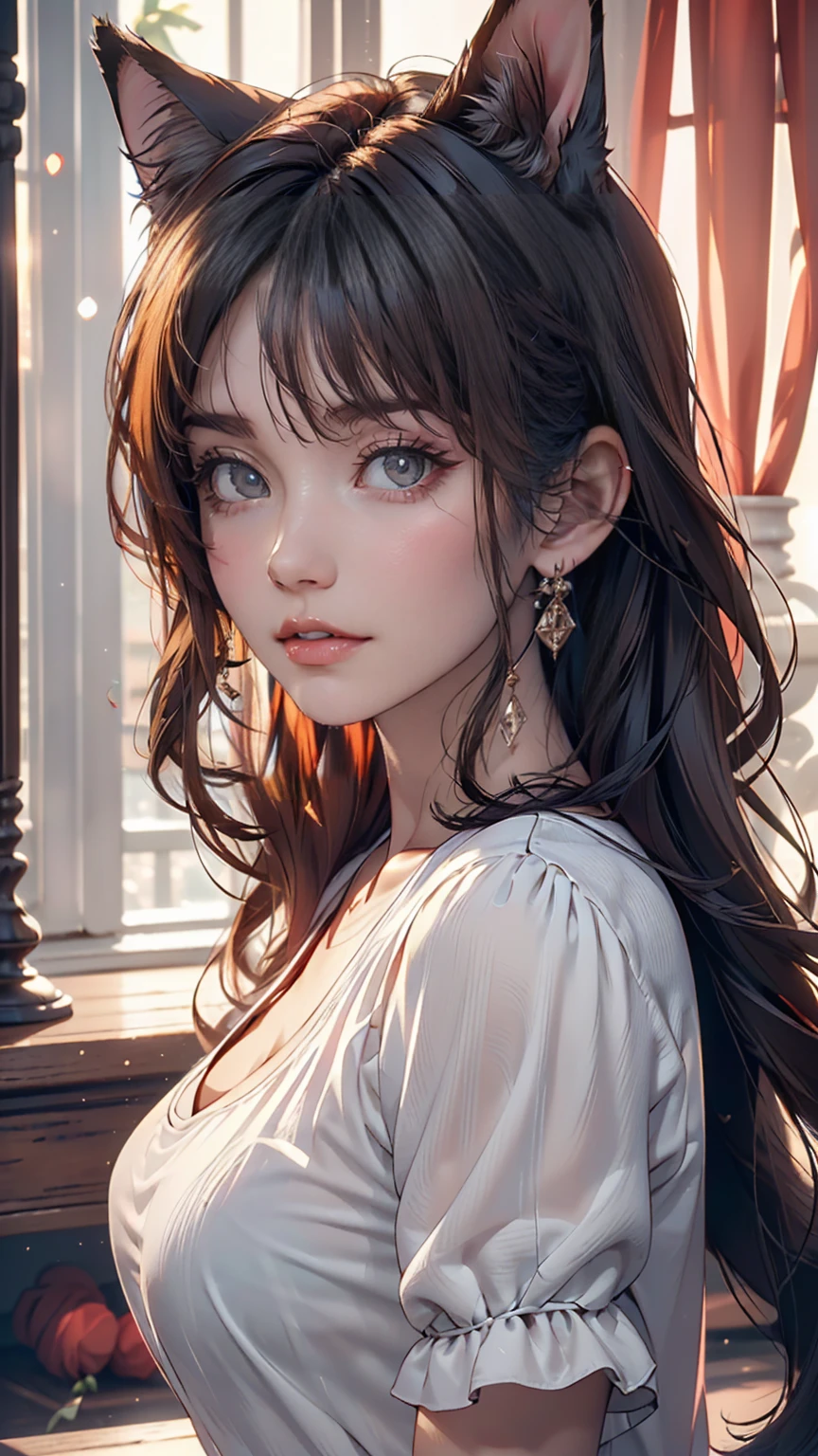 1 Girl, Medium sized breasts, Starry Eyes, (8K, RAW Photos, High sensitivity, Highest quality, masterpiece, Ultra High resolution, realism: 1.25), blush, (非常にdetailedなCGユニティ8K壁紙, Highest quality, High resolution: 1.2), (Ultra_detailed, 超High resolution: 1.2), Perfect lighting, Individuality, (1 Girl: 1.4), (pretty girl: 1.2), Unreal Engine, Side light, Gray Hair, Fox Ears, Purple eyes, Perfect Face, detailedな顔, Perfect body, Beautiful Eyes, Beautiful Face, (Light Skin: 1.4), Idol, (whole body), Red T-shirt, transparent,Cat pose