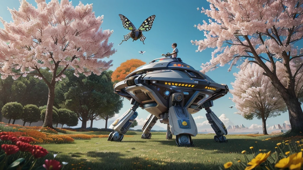 ((high quality)),((detailed picture)),((high detailed)),((best quality)),((detailed charcter)),((master piece)),1boy with futuristic costume like robotics , boy ,detailed robo man, very handsoome and smart robo boy , detailed hands and legs , ((BACKGROUND : futuristic ,big background high detailed , space ship , flying UFO, birds and buterflies ,all robotics , )),ultimate background,((FOREGROUND : beautiful trees and flowers , flowers fall,all of this imagine flowers)) ,the boy small compare to back ground