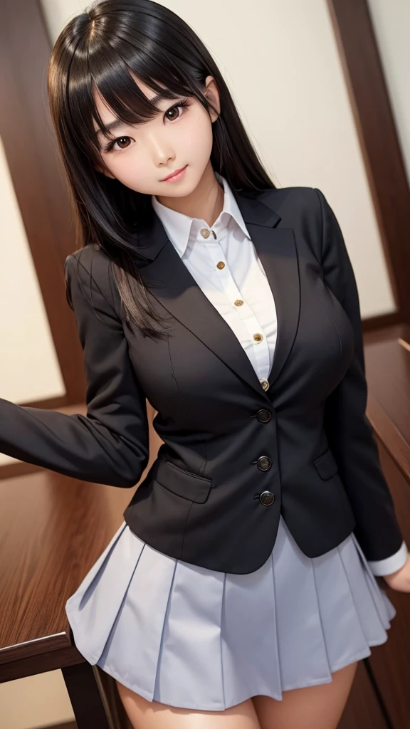 ((Tabletop)), (Detailed face), (highlight), Asian Girl、Big breasts、thigh、Black Hair、Heavy bangs、high school girl、skirt、blazer、