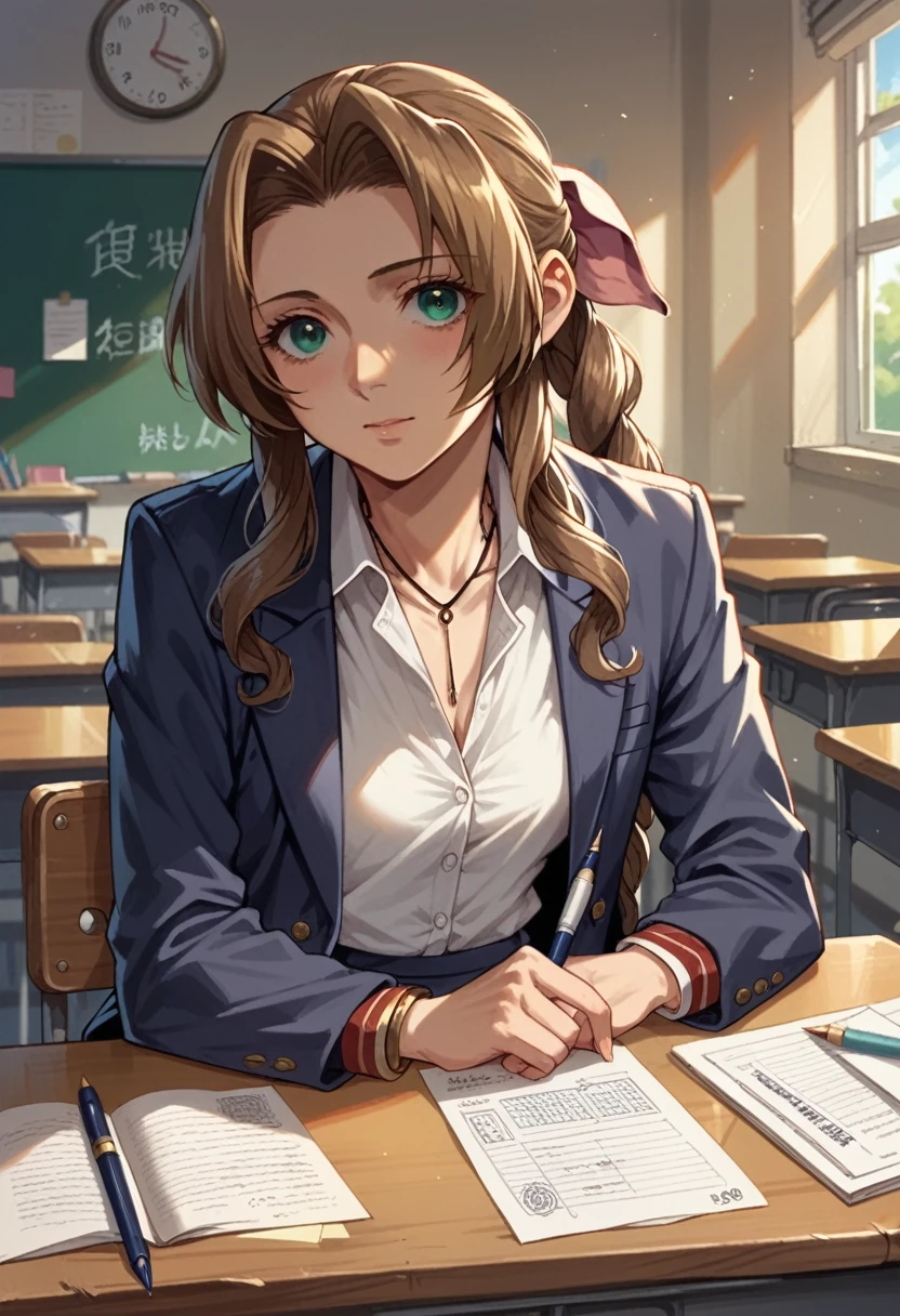 Aerith wearing a navy blazer, white shirt and sailor skirt、A student is sitting on a chair in a classroom and writing something in a notebook on a desk with a pen