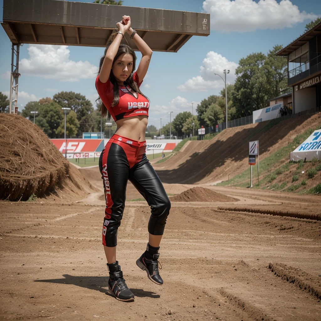 1girl in, 30 years old, Square face, Long hair, Looking at viewer, jewelry, Reality, Sexy, sexy racing outfit, motocross track, freestyle pose