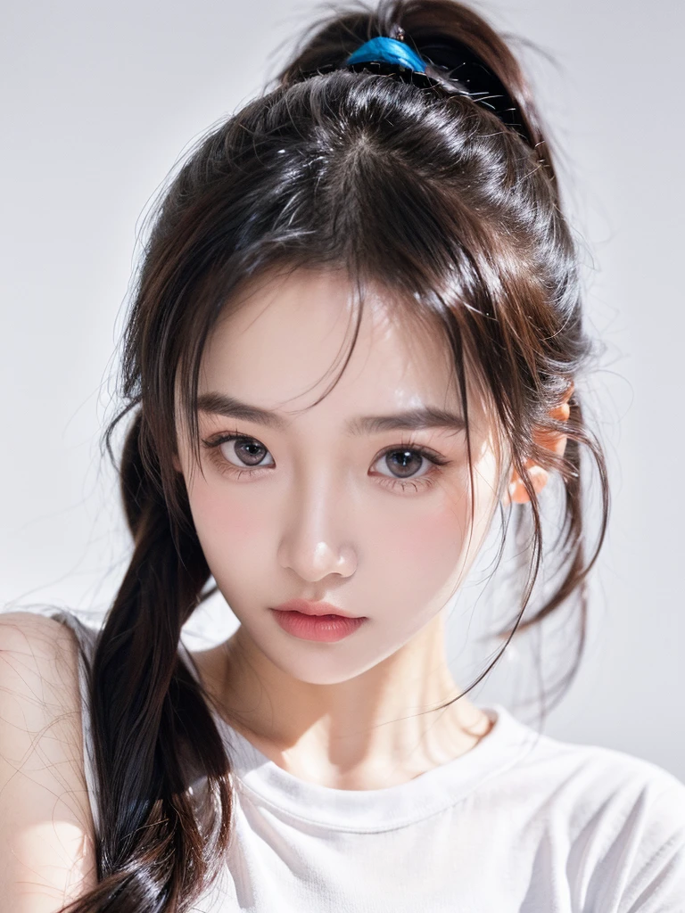 masterpiece,Best picture quality,Extreme details,Ultra-high resolution,Ultra-high definition,Beautiful young people,Glowing skin,thin,Black Hair,Short Ponytail,1,big eyes,beautiful eyes,Lipstick,Exquisite facial features,bust,Looking at the viewer, t-shirt,Single tone background,White background,Soft light