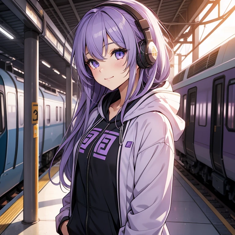 A girl, lavender hair, long hair, feminime, soft smile, lavender hoodie jacket, glowing lavender eyes, train background, wearing black headphone, full body, soft smile,