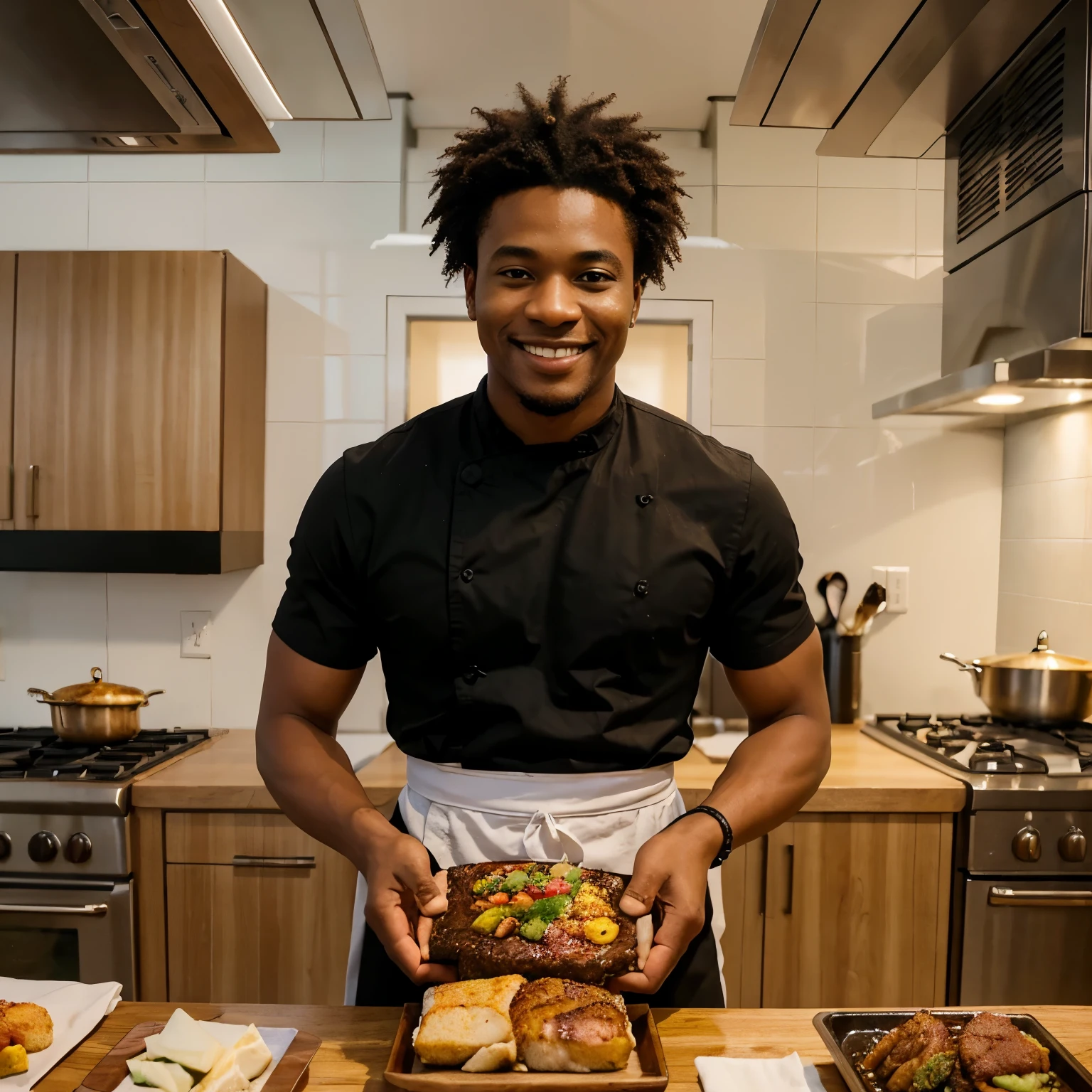 Visualize a scene where a talented Afro-American chef from a renowned restaurant carefully packages a gourmet meal. As the package is handed over to a friendly African delivery person, the chef shares a warm smile and a nod of approval, knowing that their culinary creation will soon bring joy to someone's home.