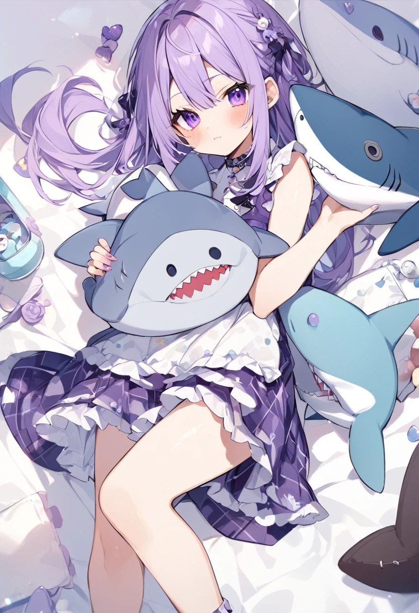 Keito。Purple Eyes。Purple and white spotted shark stuffed toy。