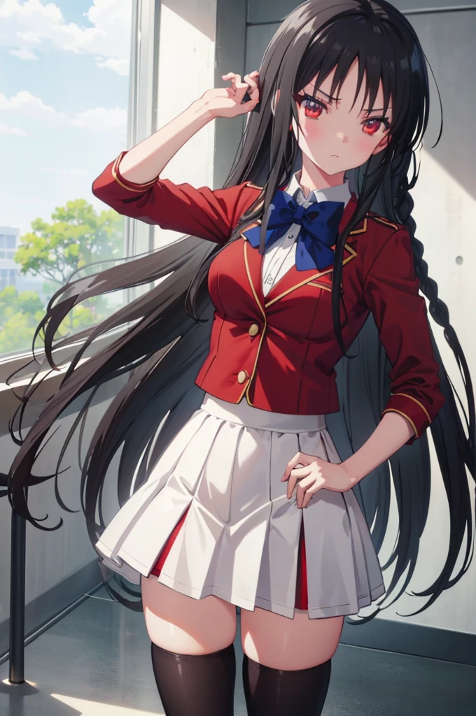 masterpiece, best quality, high resolution, best illustration, super fine illustration, (official art:0.8), anime screencap, detailed beautiful face and eyes, anime keyvisual, (perfect anatomy:1.1), 8k portrait,
1girl,
Suzune Horikita,
long hair, braid,
black hair,
(red eyes:1.2), slant eyes, small eyes,
blue bow,
medium breasts,
(school uniform, red jacket, white skirt, pleated skirt, black thighhighs),
looking at viewer,
cowboy shot,
natural light, background of indoor, School building, seductive pose,