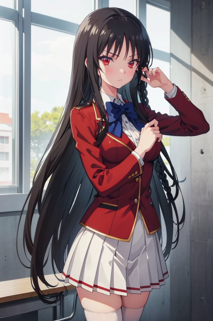 masterpiece, best quality, high resolution, best illustration, super fine illustration, (official art:0.8), anime screencap, detailed beautiful face and eyes, anime keyvisual, (perfect anatomy:1.1), 8k portrait,
1girl,
Suzune Horikita,
long hair, braid,
black hair,
(red eyes:1.2), slant eyes, small eyes,
blue bow,
medium breasts,
(school uniform, red jacket, white skirt, pleated skirt, black thighhighs),
looking at viewer,
cowboy shot,
natural light, background of indoor, School building, seductive pose,