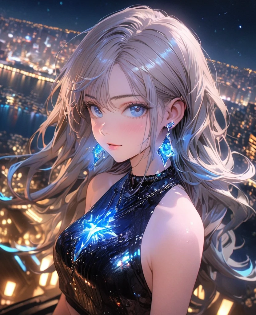 8K,gal，Beautiful and realistic skin,Shiny jewel-like earrings，blue glowing tattoo,Long colerful hair,blue eyes,whole body,Night view,whiteTank top,Sparkling landscape,City,