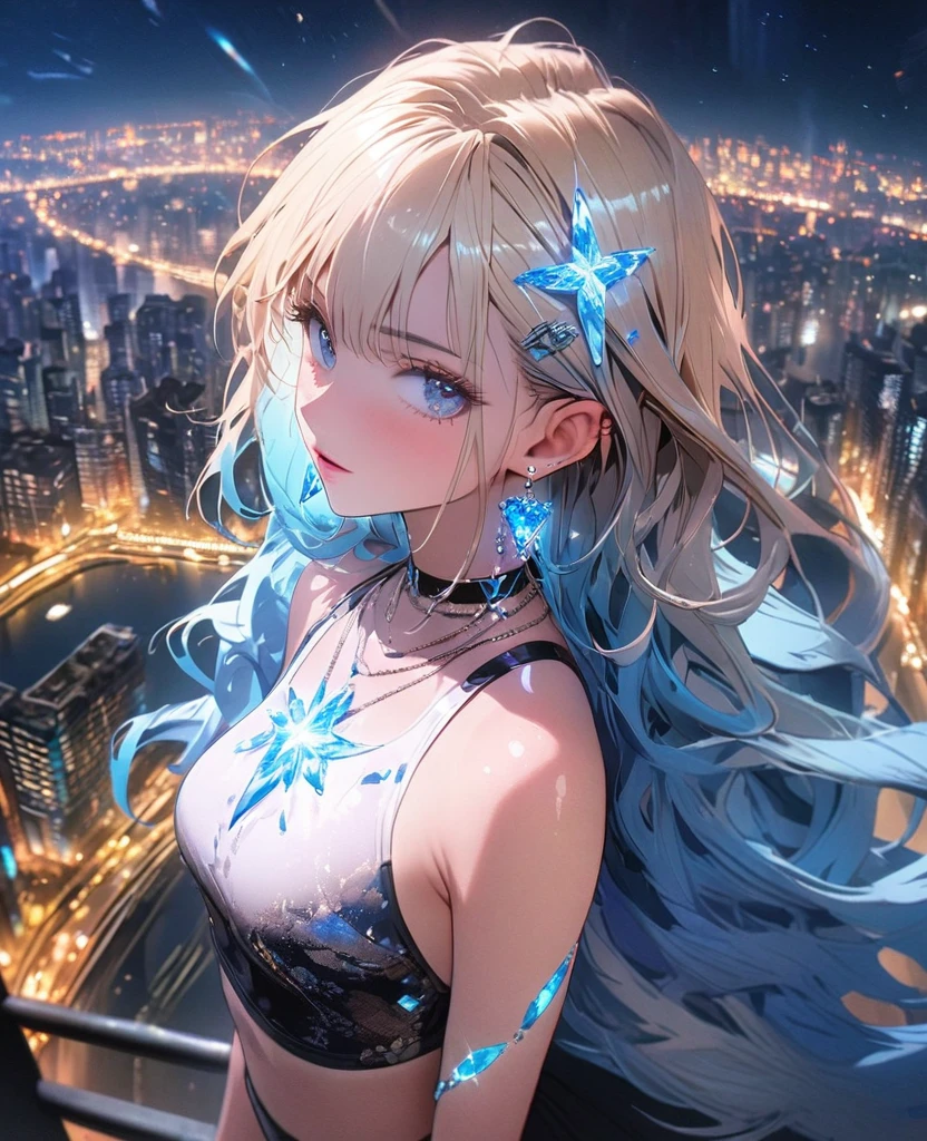 8K,gal，Beautiful and realistic skin,Shiny jewel-like earrings，blue glowing tattoo,Long colerful hair,blue eyes,whole body,Night view,whiteTank top,Sparkling landscape,City,