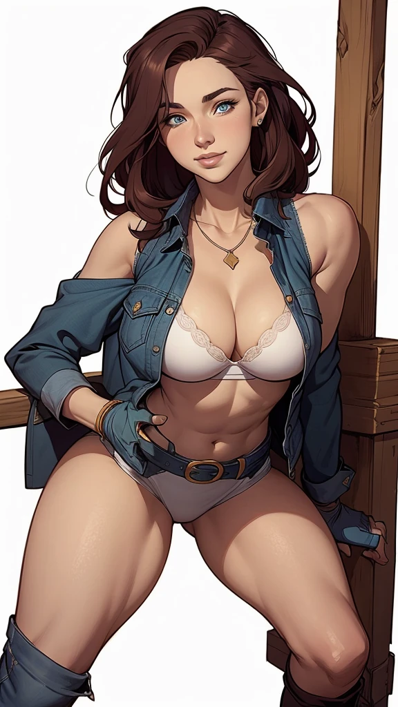 (cartoon style:1.2), Drawings of (Ginevra Molly Weasley), he used to smile, perfect green eyes, face detailed, White background, fun pose, seducing gaze,Full body wearing the Sanserina uniform, beautiful medium breasts and wonderful body cartoon style digital illustration. Wearing pantiesJennifer Connelly , , white bra, green vest, sleeveless, へそ, blue jeans, Brown boots, gloves fingerless, short gloves, slightly-smile, shorth hair, wavy hair, parted bangs, blue colored eyes, wart under the right eye, old american west, sunny desert background, waist belt, best quality, Artwork Jennifer Connellyum close-up of a woman with a necklace around her neck, attractive female face!!!, very beautiful face, very attractive and beautiful, Natalie Dormer, Sydney Sweeney, come corinne, amber ear, holywood actress, Dakota Fanning, with very thin lips, taken at the beginning of 2020, face perfect ), most beautiful woman in the worlda woman in a blue jacket and jeans posing for a photo, extremely detailed artegerm, range murata and artegerm, style artegerm, krenz cushart and artegerm, seductive anime girl, trending artegerm, model iG | artegerm, by Yoshihiko Wada, in the style artegerm, artegerm style