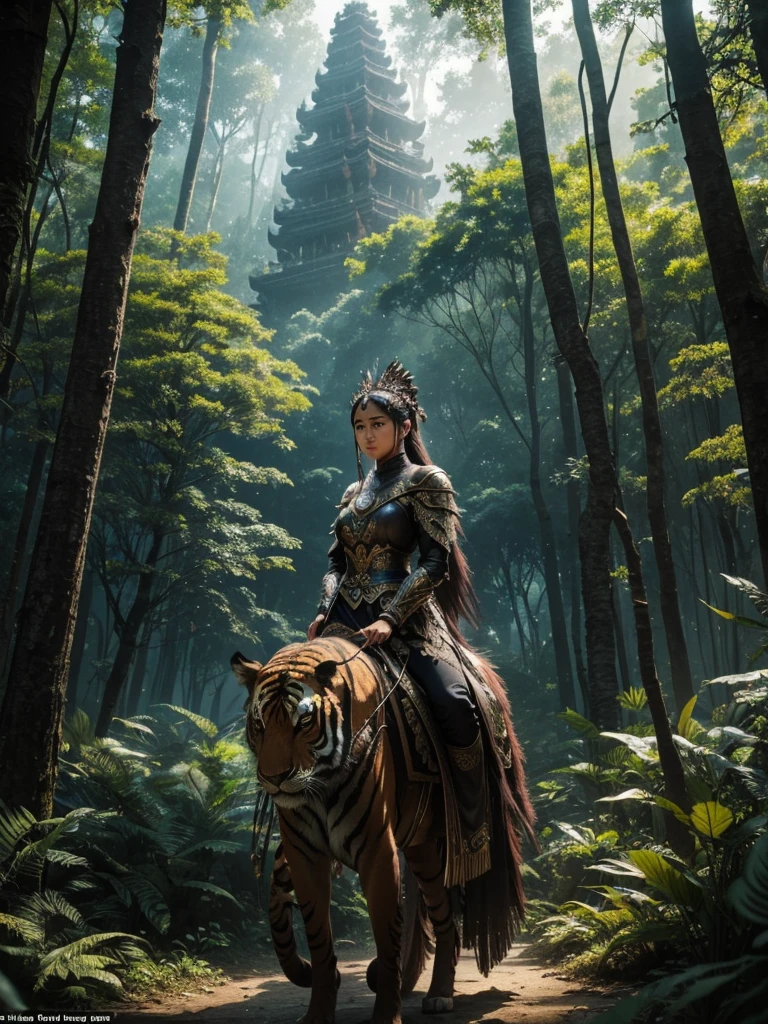 In this captivating cinematic scene, set in a dark yet expansive forest, a beautiful Indonesian female warrior, adorned in intricate Game of Thrones-like armor, is seen meditating with a serene and poised expression. The warrior's connection to the natural world is emphasized by the majestic tiger that walks calmly behind her. The towering trees, with their large frond-like leaves rustling gently, create an atmosphere of mystique and detail. The ornate detail of each element contributes to a stunning and immersive visual experience that transports the viewer into this enchanting world., cinematic