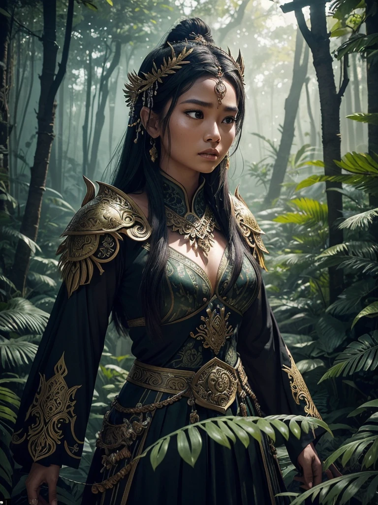 In this captivating cinematic scene, set in a dark yet expansive forest, a beautiful Indonesian female warrior, adorned in intricate Game of Thrones-like armor, is seen meditating with a serene and poised expression. The warrior's connection to the natural world is emphasized by the majestic tiger that walks calmly behind her. The towering trees, with their large frond-like leaves rustling gently, create an atmosphere of mystique and detail. The ornate detail of each element contributes to a stunning and immersive visual experience that transports the viewer into this enchanting world., cinematic
