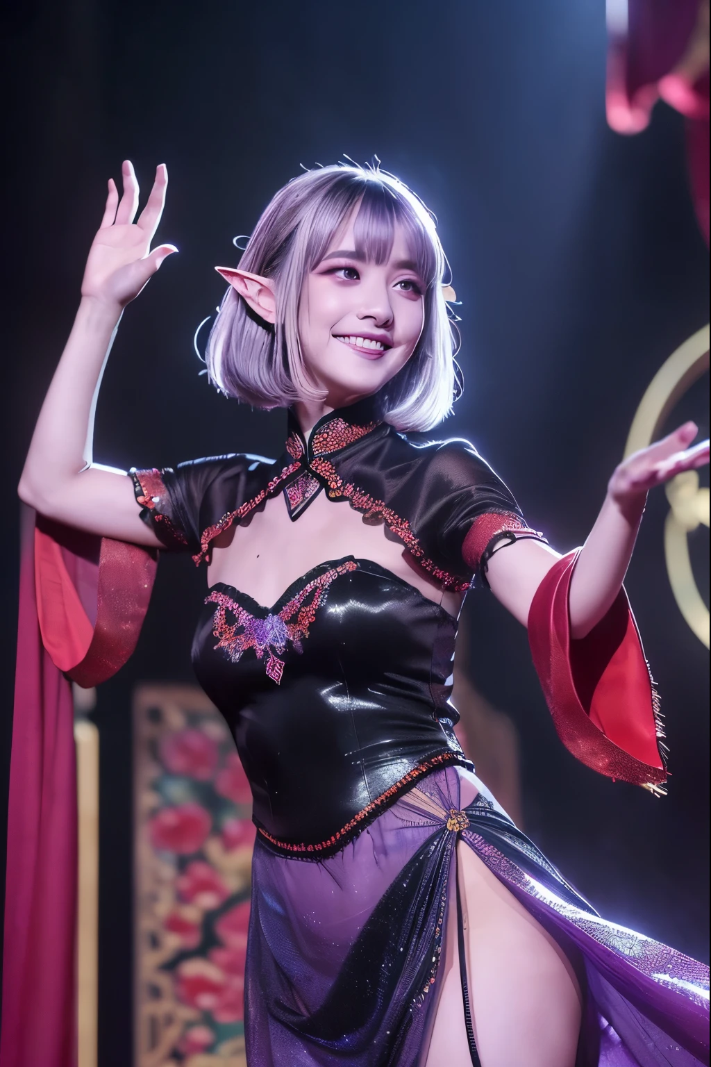 (Ultra-fine face, Sing with a smile), (Gothic fantasy illustration & Ukiyo-e & Comic Art), (whole body, A young dark elf woman with gray hair, Bangs, Very long messy hair, and dark purple skin, Lavender-colored eyes), (She sings and dances "Everything is gone" on stage, Skip, Waving your hands, And the amazingly bold pose, Being sparkling, Magic spotlight), rest (She was wearing a bright orange cheongsam，Made of organza and silk, Sparkling with traditional embroidery and sequins. She wears crimson high heels), rest (In the background, Dancers dance on a stage that resembles a ship deck，Forming a shining magic circle)