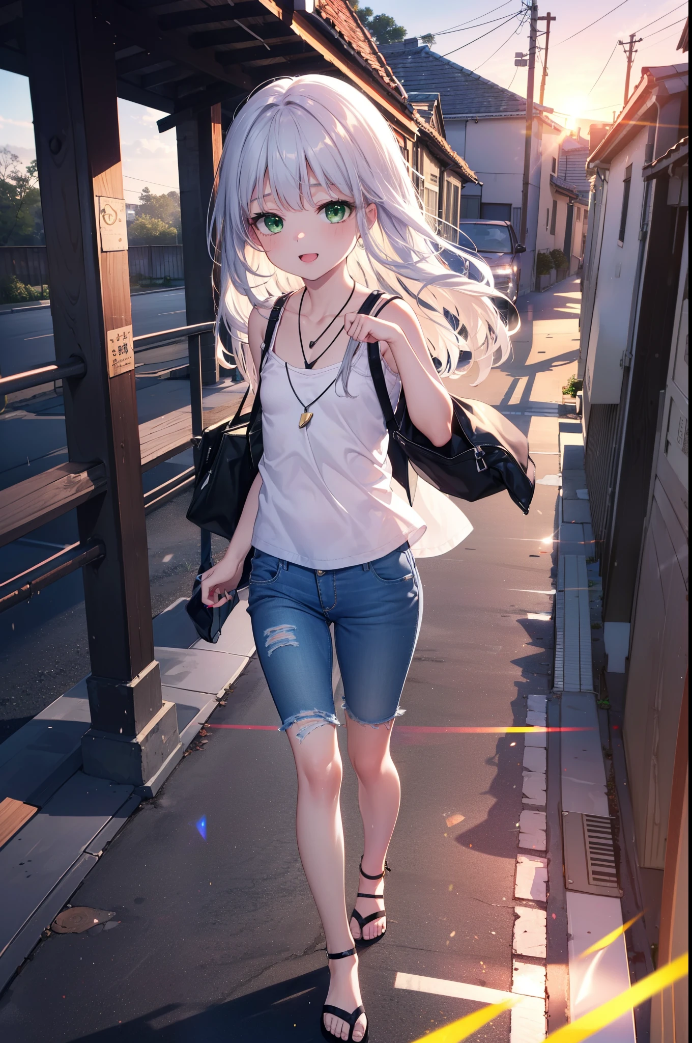 index, index, (Green Eyes:1.5), Silver Hair, Long Hair, (Flat Chest:1.2)happy smile, smile, Open your mouth,v neck tank top shirt,Skinny jeans,Cute Sandals,Rocket Pendant,Walking,Sunset,evening,The sun is setting,whole bodyがイラストに入るように,
break looking at viewer, whole body,
break outdoors, Building district,
break (masterpiece:1.2), Highest quality, High resolution, unity 8k wallpaper, (figure:0.8), (Beautiful attention to detail:1.6), Highly detailed face, Perfect lighting, Highly detailed CG, (Perfect hands, Perfect ???????),