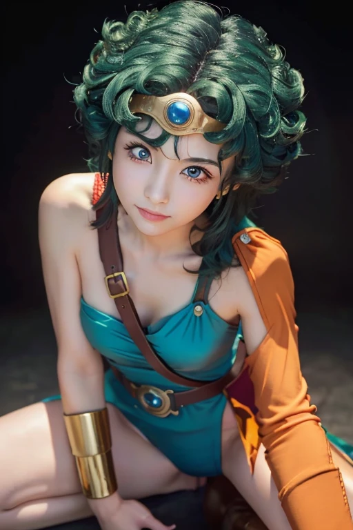 masterpiece、1 beautiful girl、Beautiful Eyes、smile、Puffy eyes、Highest quality, 超High resolution, (reality: 1.4), Cinema Lighting、Japanese、Asian Beauty、Korean、so beautiful、Beautiful Skin、Body facing forward、Face close-up、Upper body close-up,(超reality的な)、(High resolution)、(8K)、(Very detailed)、(美しくBeautiful Eyes)、(Very detailedな)、 (wall-)、Detailed face、Bright lighting、Professional Lighting、Looking at the audience、Look straight ahead、Diagonal bangs、Bright light Blue Hair、Nogizaka idol、20-year-old､masterpiece, Highest quality, Very detailedな, shape, Sage_(dq3),Long Hair, Blue Hair, Circlet, Red eyes,Small breasts, Yellow gloves, White Dress, belt, Cape, boots,kneel on one knee.be in flames.be attacked with a sword by the enemy.I can't avoid it and get damaged.