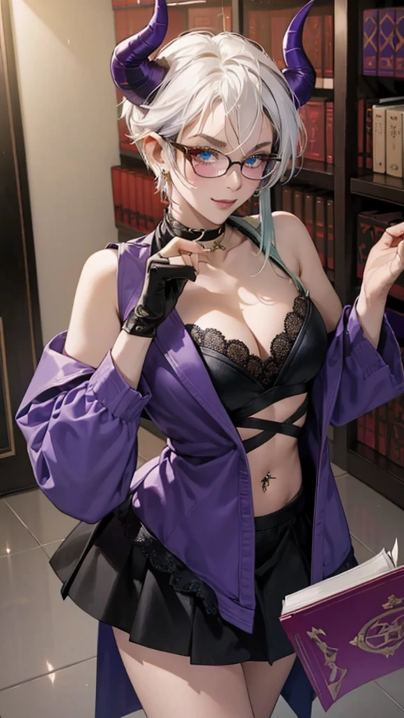 8k, masterpiece, best quality, highly detailed, 1 girl, tiefling, warlock, multicolored hair, very short straight hair green highlight hair on white hair, strippled hair, wearing glasses, round glasses, earrings, red eyeshadow, long eyelashes,navel piercing, blushed cheek, necklace, collarbone, high heels, mole, glamorous, purple and teal clothing, villainy, smirk, seductive face, fullbody view, rings, looking at viewer, standing, demon horns, solo, hand touching cheek, library, black lace gloves, holding book, miniskirt.