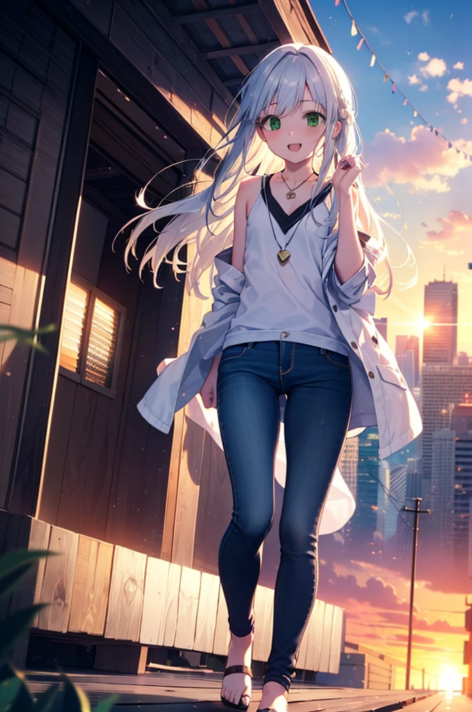 index, index, (Green Eyes:1.5), Silver Hair, Long Hair, (Flat Chest:1.2)happy smile, smile, Open your mouth,v neck tank top shirt,Skinny jeans,Cute Sandals,Rocket Pendant,Walking,Sunset,evening,The sun is setting,whole bodyがイラストに入るように,
break looking at viewer, whole body,
break outdoors, Building district,
break (masterpiece:1.2), Highest quality, High resolution, unity 8k wallpaper, (figure:0.8), (Beautiful attention to detail:1.6), Highly detailed face, Perfect lighting, Highly detailed CG, (Perfect hands, Perfect Anatomy),